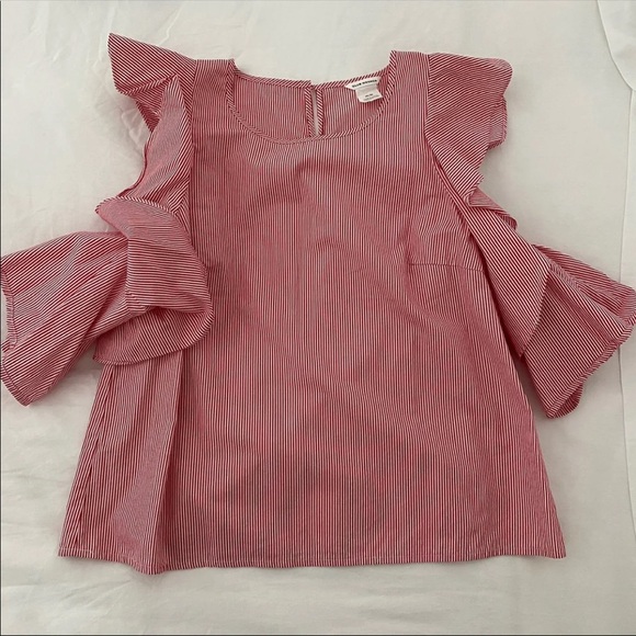 Club Monaco cold shoulder ruffle stripe top. - Picture 6 of 11